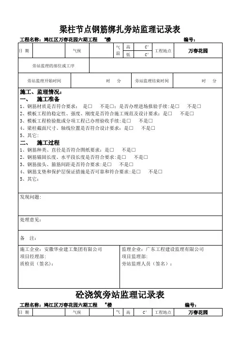 梁柱节点钢筋绑扎旁站监理记录表(