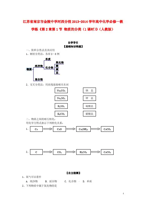 江苏省南京市金陵中学高中化学《第2章第1节 物质的分类(1课时)》教学练 新人教版必修1