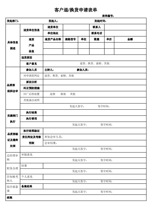 客户退换货申请表单