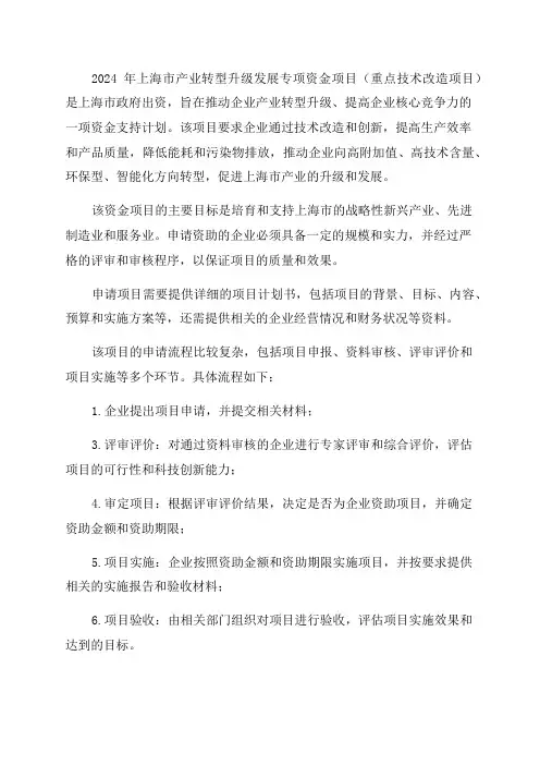 [2024年上海市产业转型升级发展专项资金项目(重点技术…