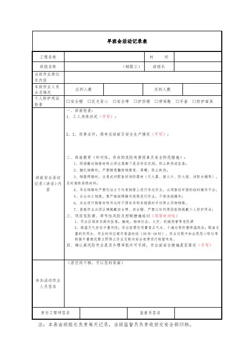 建筑施工钢筋工安全晨会记录