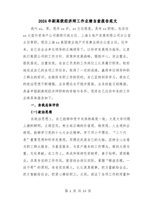 2024年副高级经济师工作业绩自查报告范文(三篇)