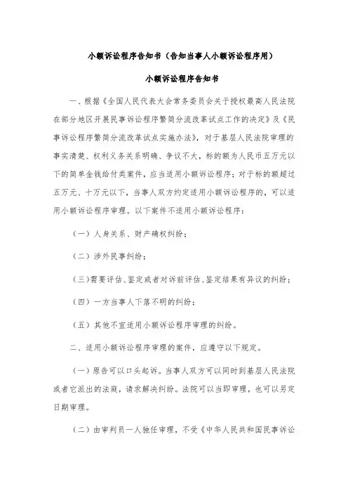 小额诉讼程序告知书(告知当事人小额诉讼程序用)