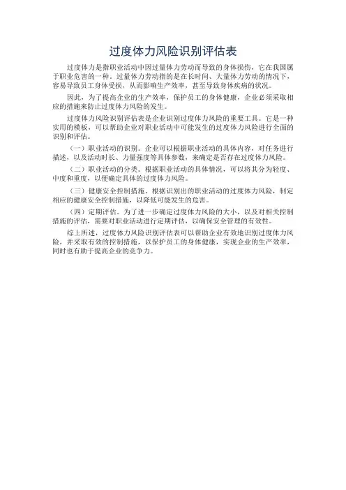 过度体力风险识别评估表