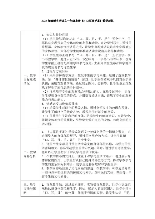 2024部编版小学语文一年级上册《3 口耳目手足》教学反思
