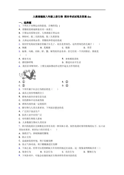人教部编版八年级上册生物 期末考试试卷及答案doc
