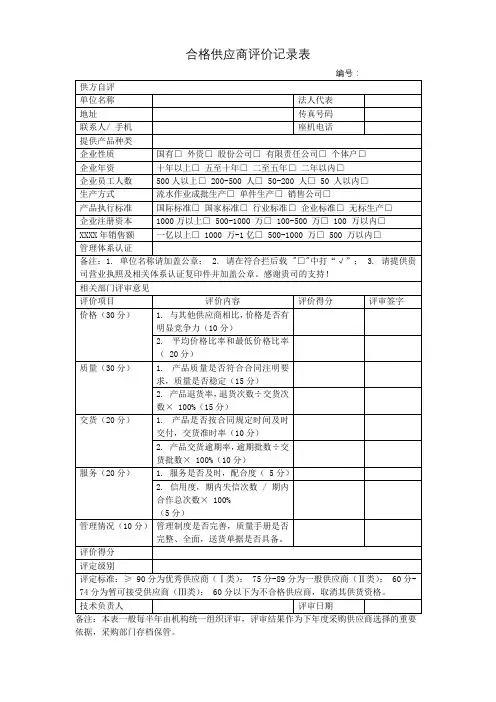 合格供应商评价记录表