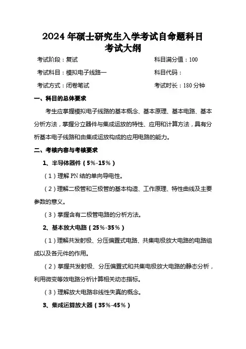 成都信息工程大学2024年自命题复试大纲-模拟电子线路一(加试1)