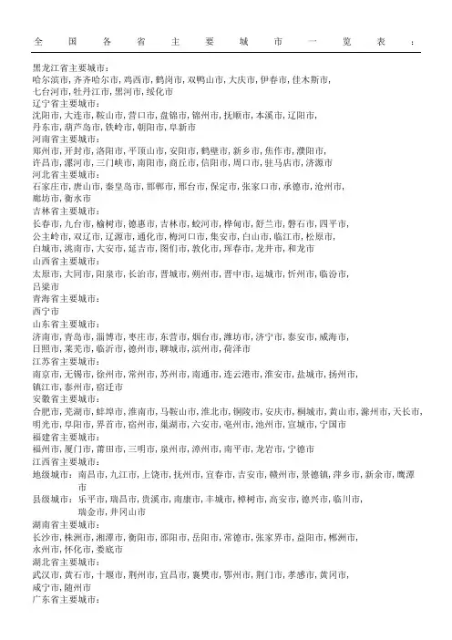 全国各省主要城市一览表格