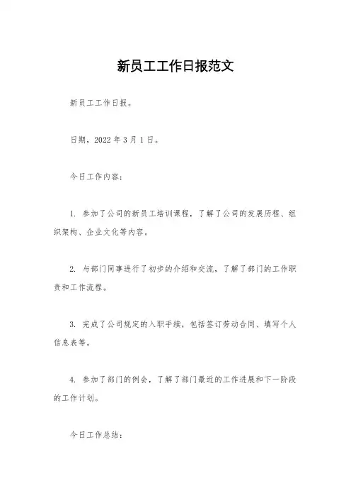 新员工工作日报范文