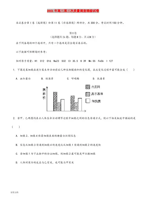 2021-2022年高三第三次质量调查理综试卷