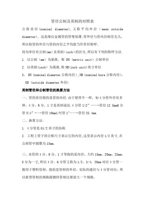 管径公制及英制的对照表