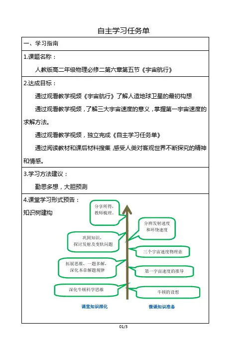 高中物理必修二6-5宇宙航行自主学习任务单