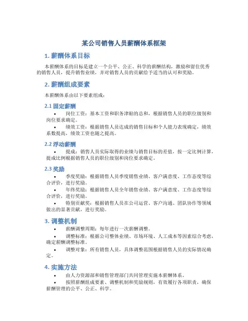 某公司销售人员薪酬体系框架