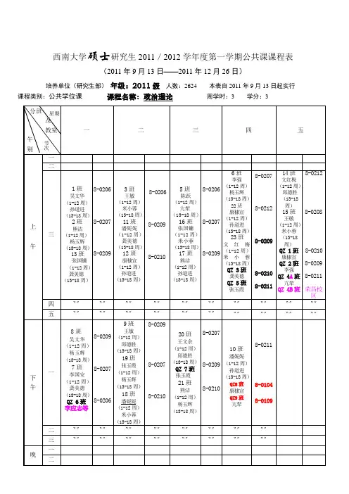 最新西南大学硕士研究生20202020学年第一学期公共课课表英语政治公选课.doc