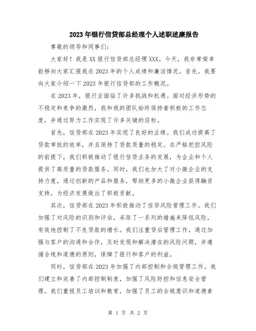 2023年银行信贷部总经理个人述职述廉报告