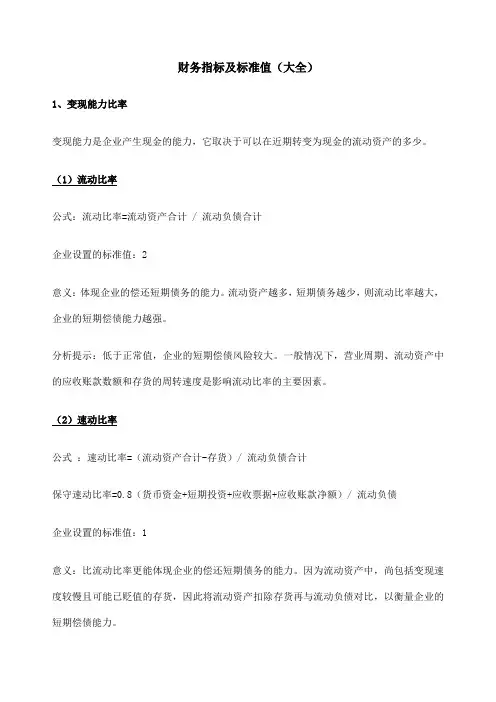 财务指标及标准值大全