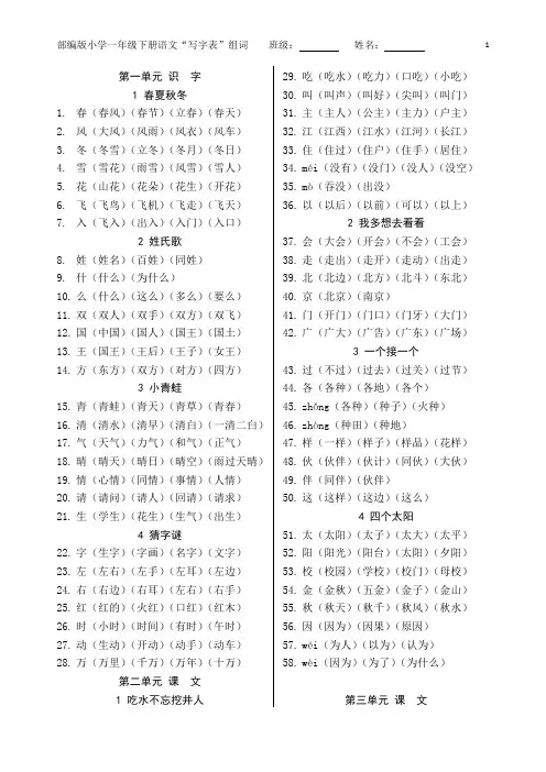 部编(人教)版小学一年级下册语文“写字表”扩词