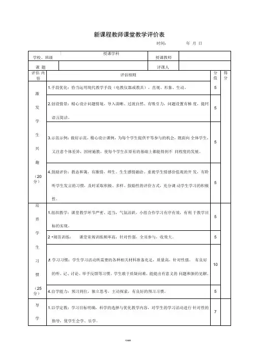 新课程教师课堂教学评价表