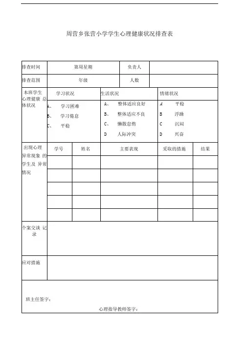 学生心理健康状况排查表