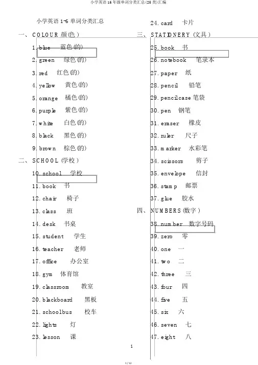 小学英语16年级单词分类汇总(25类)汇编