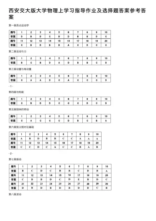 西安交大版大学物理上学习指导作业及选择题答案参考答案