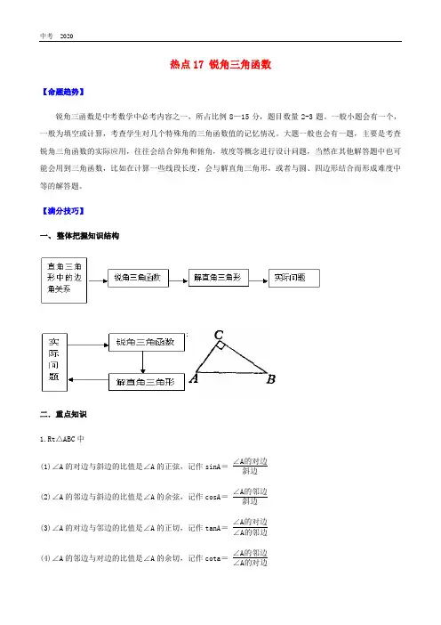 2020年中考数学考点专题训练17锐角三角函数