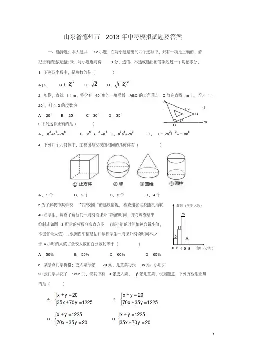山东省德州市2013年中考模拟试题及答案