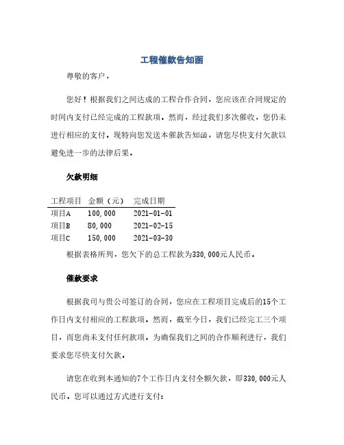 通用范文(正式版)工程催款告知函