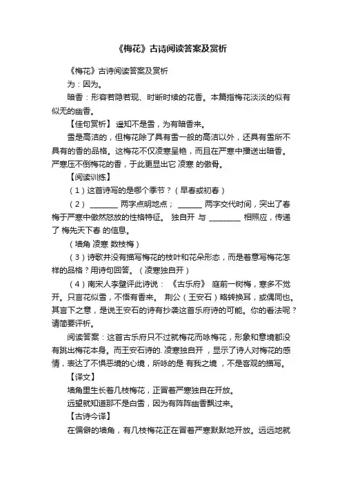 《梅花》古诗阅读答案及赏析