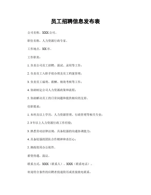 员工招聘信息发布表