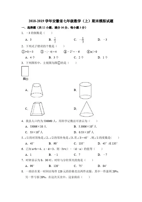 2018-2019学年安徽省七年级数学(上)期末模拟试题
