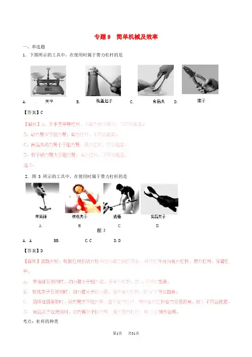 中考物理真题分项解析汇编：专题(09)简单机械及效率(含答案)