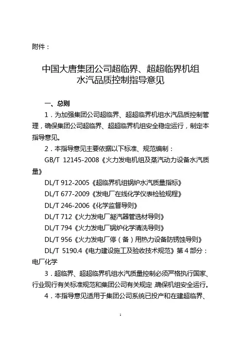 集团公司关于超临界超超临界机组汽水品质控制指导意见(2010年5月)