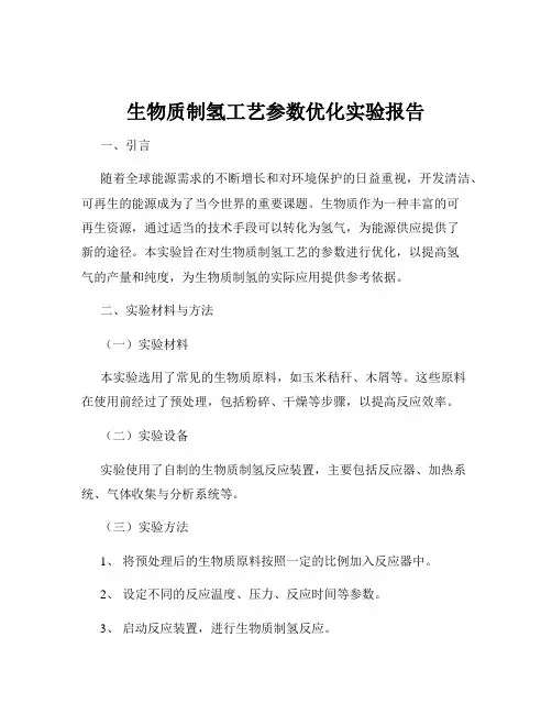 生物质制氢工艺参数优化实验报告