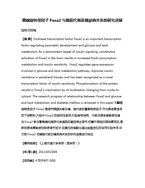 翼螺旋转录因子Foxa2与糖脂代谢及糖尿病关系的研究进展
