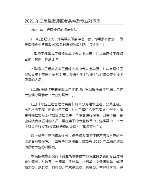 2021年二级建造师报考条件及专业对照表