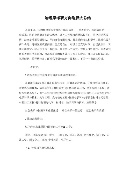 物理学考研方向选择大总结