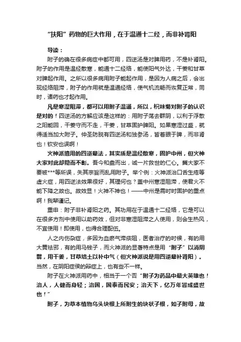“扶阳”药物的巨大作用，在于温通十二经，而非补肾阳