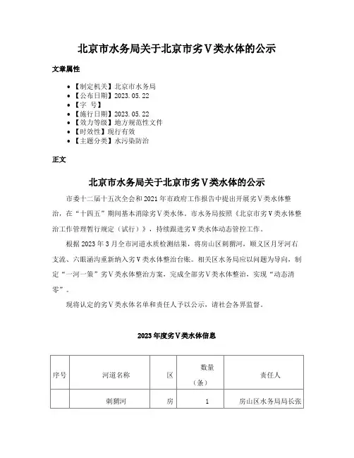 北京市水务局关于北京市劣Ⅴ类水体的公示