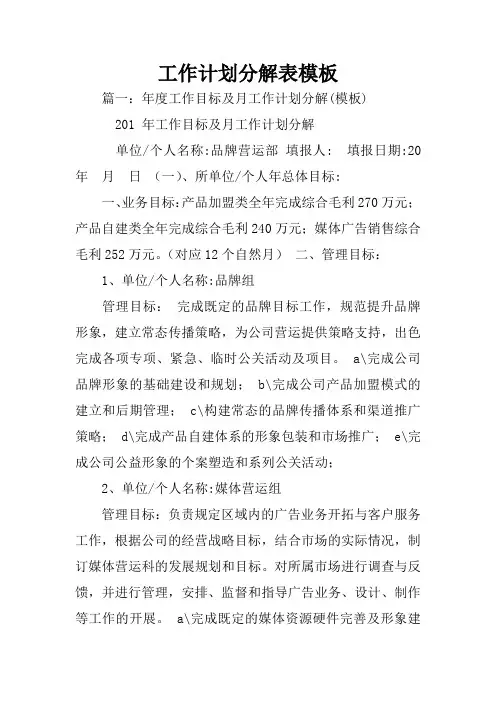 工作计划分解表模板