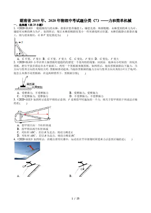 湖南省2019年、2020年物理中考试题分类(7)——力和简单机械(含解析)