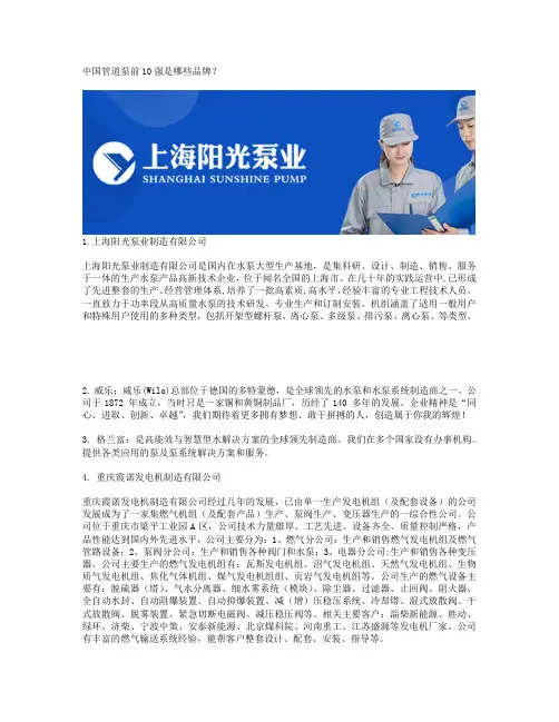 中国管道泵前10强是哪些品牌？