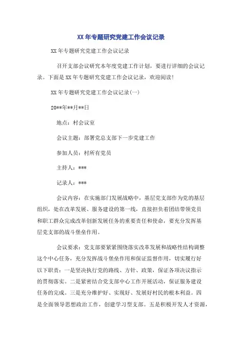 XX年专题研究党建工作会议记录