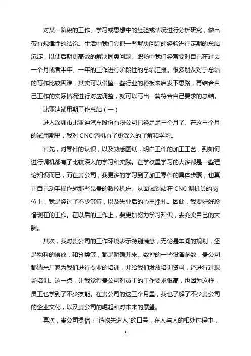 2022比亚迪试用期工作总结范文word版