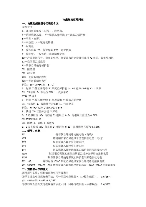 电线规格型号列表