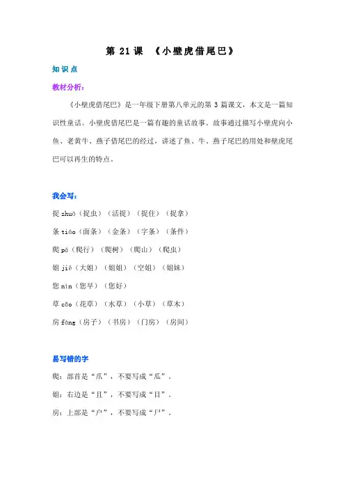 一年级下册语文讲义-课文讲解-21《小壁虎借尾巴》部编版(附同步练习及答案)