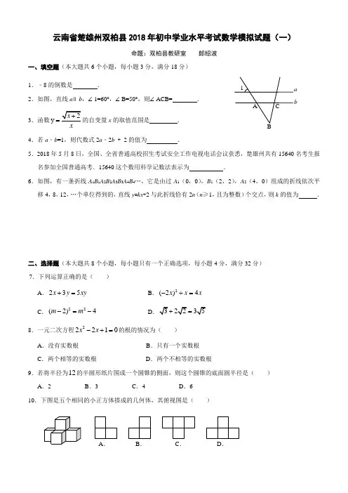 楚雄州双柏县2020年中考学业水平考试数学模拟试题(一)有答案