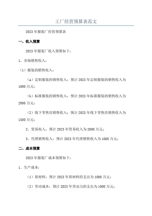 工厂经营预算表范文