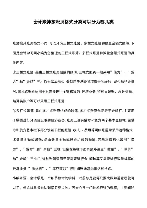 会计实务：会计账簿按账页格式分类可以分为哪几类